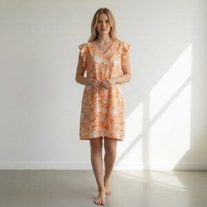 TAHARI 100% Linen Orange Tropical Leaf Dress Size Large Coastal Flutter Sleeve